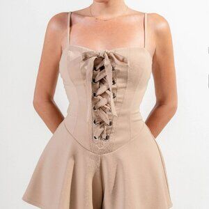 Ladies New Lace Up Tan Jumpsuit Shorts Woven Stretch Size Large